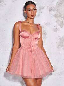 SHEIN BAE Cà vạt vai Lớp phủ lưới Váy yếm ôm sát ngực - Màu Hồng  San hô - Xem 5