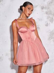 SHEIN BAE Cà vạt vai Lớp phủ lưới Váy yếm ôm sát ngực - Màu Hồng  San hô - Xem 6