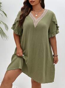 SHEIN Frenchy 大碼蕾絲拼接荷葉邊連衣裙 - 綠色 - 查看 4