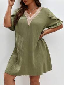 SHEIN Frenchy 大碼蕾絲拼接荷葉邊連衣裙 - 綠色 - 查看 6