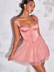 SHEIN BAE Cà vạt vai Lớp phủ lưới Váy yếm ôm sát ngực - Màu Hồng  San hô - Xem 8