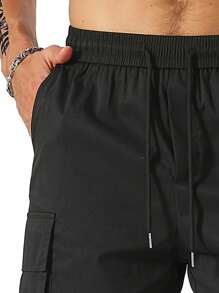 Manfinity Homme 男士标语图案翻盖口袋抽绳腰部宽松工装短裤纯黑色街头服饰，工装短裤，男士街头服饰短裤，男士休闲短裤，黑色工装短裤 - 黑色 - 查看 5