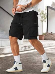 Manfinity Homme 男士标语图案翻盖口袋抽绳腰部宽松工装短裤纯黑色街头服饰，工装短裤，男士街头服饰短裤，男士休闲短裤，黑色工装短裤 - 黑色 - 查看 7