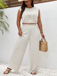 SHEIN Frenchy Hơn Chất rắn Áo ba lỗ & Quần ống rộng - Màu be - Xem 3