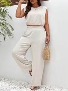 SHEIN Frenchy Hơn Chất rắn Áo ba lỗ & Quần ống rộng - Màu be - Xem 1