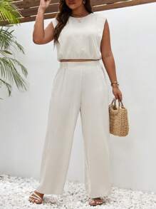 SHEIN Frenchy Hơn Chất rắn Áo ba lỗ & Quần ống rộng - Màu be - Xem 6