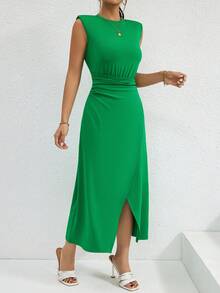 SHEIN Privé 素色褶邊圍裹洋裝 - 綠色 - 查看 3