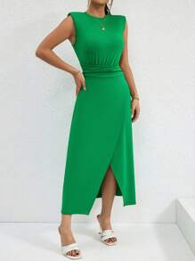 SHEIN Privé 素色褶邊圍裹洋裝 - 綠色 - 查看 4
