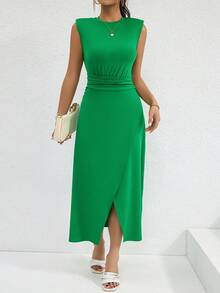 SHEIN Privé 素色褶邊圍裹洋裝 - 綠色 - 查看 5