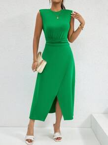 SHEIN Privé 素色褶邊圍裹洋裝 - 綠色 - 查看 6