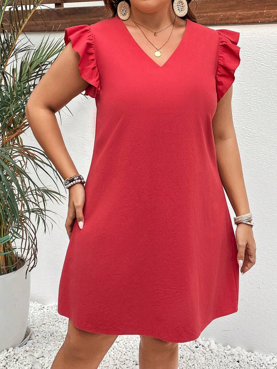 SHEIN VCAY Plus Solid Ruffle Trim Tunic Dress - Red - View 1