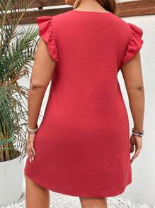 SHEIN VCAY Plus Solid Ruffle Trim Tunic Dress - Red - View 2