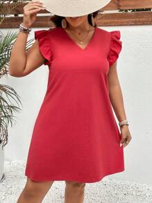 SHEIN VCAY Plus Solid Ruffle Trim Tunic Dress - Red - View 3