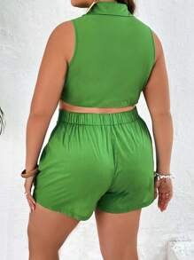 SHEIN VCAY 大碼前繫帶短款上衣和短褲 - 綠色 - 查看 2