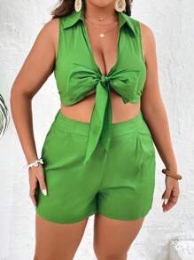 SHEIN VCAY 大碼前繫帶短款上衣和短褲 - 綠色 - 查看 3