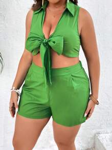 SHEIN VCAY 大碼前繫帶短款上衣和短褲 - 綠色 - 查看 5
