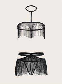 流苏下摆露背内衣套装，适合狂欢 - 黑色 - 查看 1