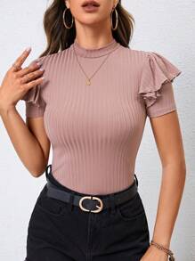 SHEIN Privé 小高領荷葉邊條紋針織T恤 - 藕粉色 - 查看 5