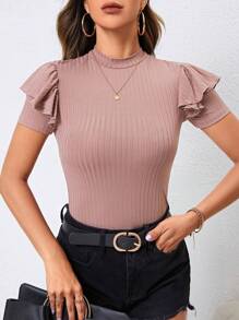 SHEIN Privé 小高領荷葉邊條紋針織T恤 - 藕粉色 - 查看 3