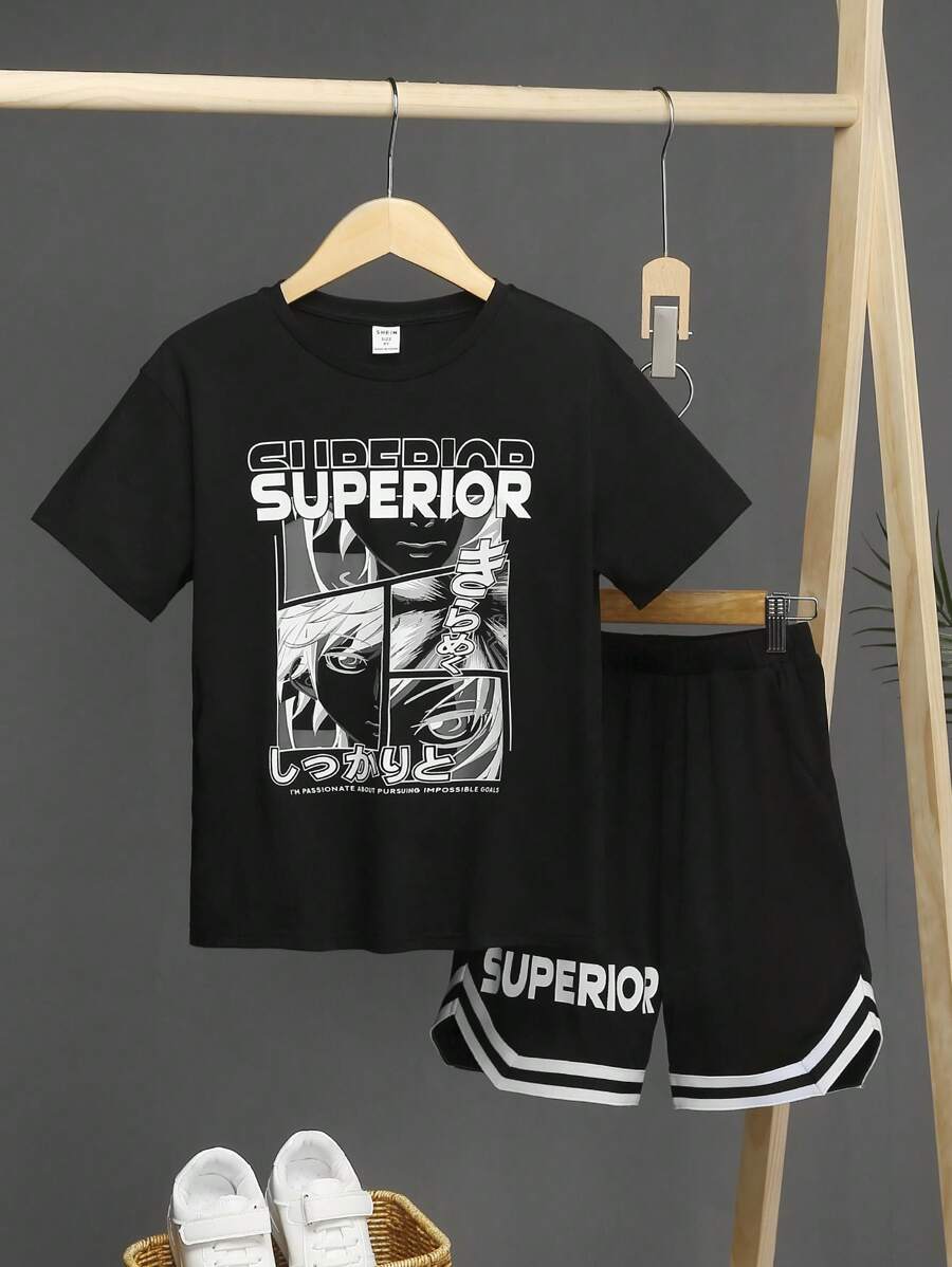 SHEIN 男大童字母人物圖案T恤和條紋飾邊短褲 - 黑色 - 查看 1