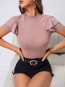 SHEIN Privé 小高領荷葉邊條紋針織T恤 - 藕粉色 - 查看 1