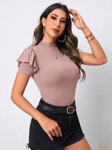 SHEIN Privé 小高領荷葉邊條紋針織T恤 - 藕粉色 - 查看 6