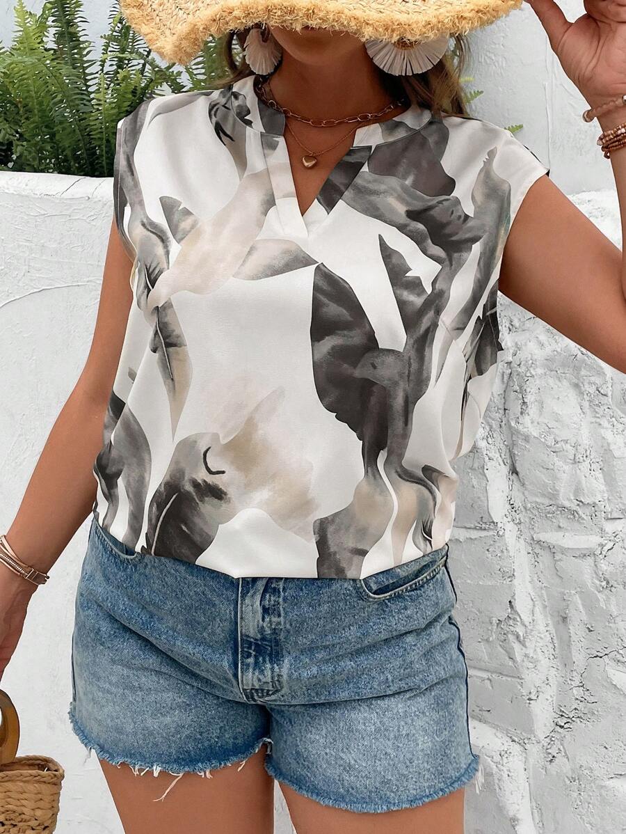 SHEIN Unity Hơn In Đồ họa Đường viền cổ có rãnh tay cánh Áo sơ mi - màu đen - Xem 1