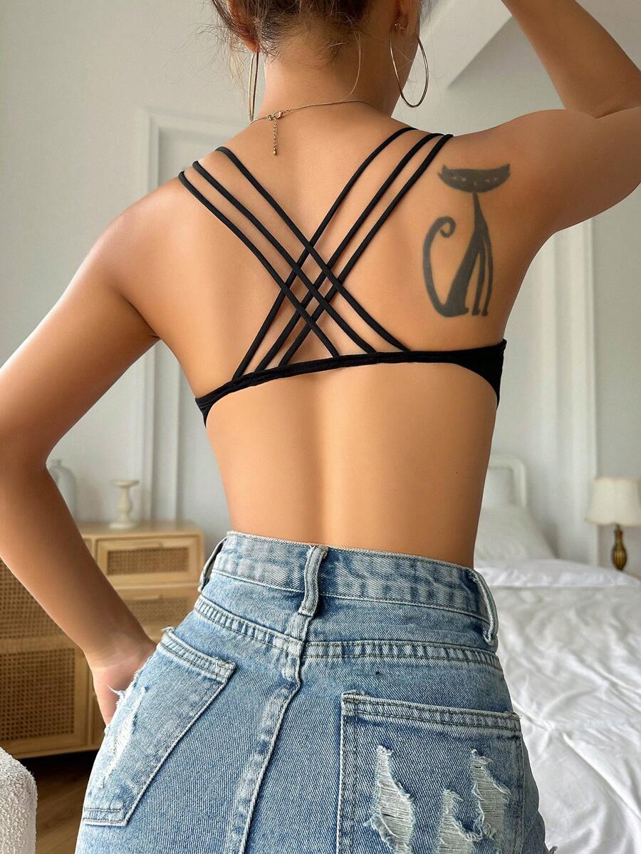 Solid Criss Cross Backless Bralet - Black - View 1