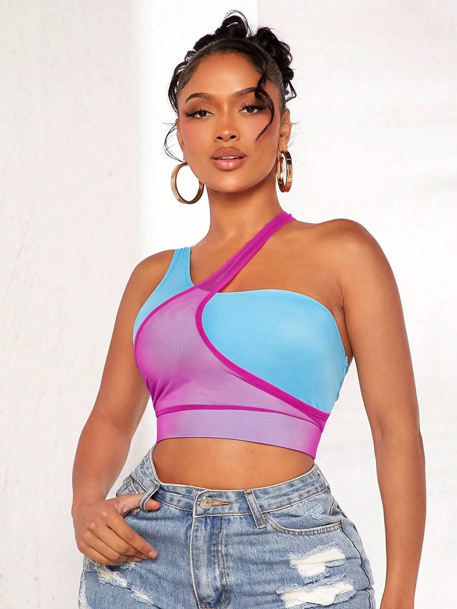 SHEIN SXY Khối màu Cổ không đối xứng Top Cây trồng - Nhiều màu - Xem 1