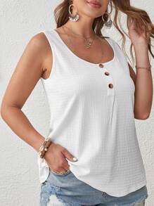 SHEIN VCAY Plus Half Button Tank Top - White - View 5
