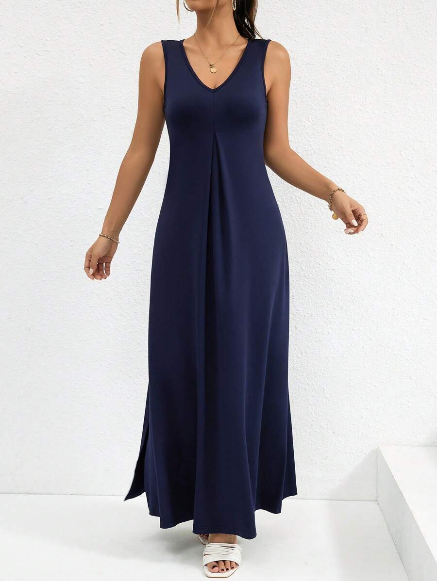SHEIN Privé 素色高衩背心連衣裙 - 藏蓝色 - 查看 1