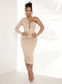 SHEIN SXY One Shoulder Cut Out Front Bodycon Dress - Beige - View 1