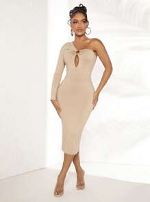 SHEIN SXY One Shoulder Cut Out Front Bodycon Dress - Beige - View 4