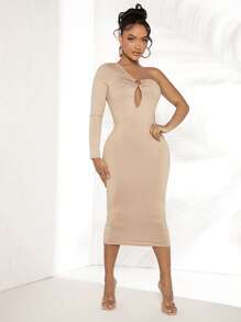 SHEIN SXY One Shoulder Cut Out Front Bodycon Dress - Beige - View 5