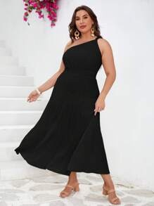 SHEIN VCAY Talla grande Vestido de un hombro bajo con fruncido - Negro - Ver 3