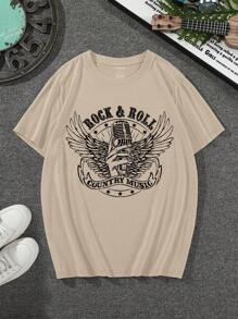 男士翅膀和字母圖案T恤 - 卡其色 - 查看 1