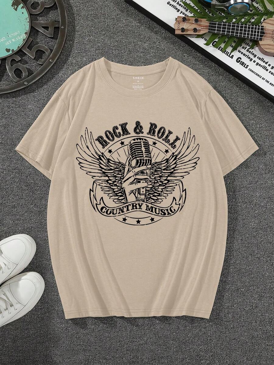 男士翅膀和字母圖案T恤 - 卡其色 - 查看 1