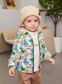 SHEIN 男嬰卡通恐龍和字母圖案毛絨內襯連帽夾克 - 彩色 - 查看 1