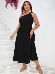 SHEIN VCAY Talla grande Vestido de un hombro bajo con fruncido - Negro - Ver 4