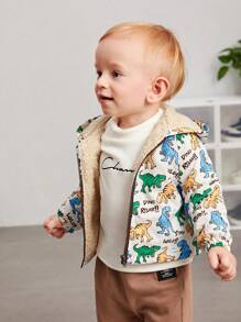 SHEIN 男嬰卡通恐龍和字母圖案毛絨內襯連帽夾克 - 彩色 - 查看 3