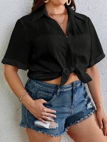SHEIN VCAY Plus Solid Button Front Shirt - Black - View 3