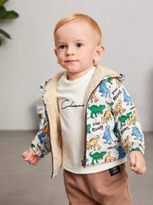 SHEIN 男嬰卡通恐龍和字母圖案毛絨內襯連帽夾克 - 彩色 - 查看 5