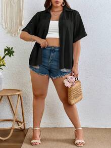 SHEIN VCAY Plus Solid Button Front Shirt - Black - View 4