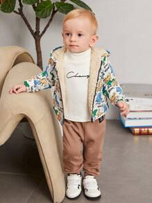 SHEIN 男嬰卡通恐龍和字母圖案毛絨內襯連帽夾克 - 彩色 - 查看 6