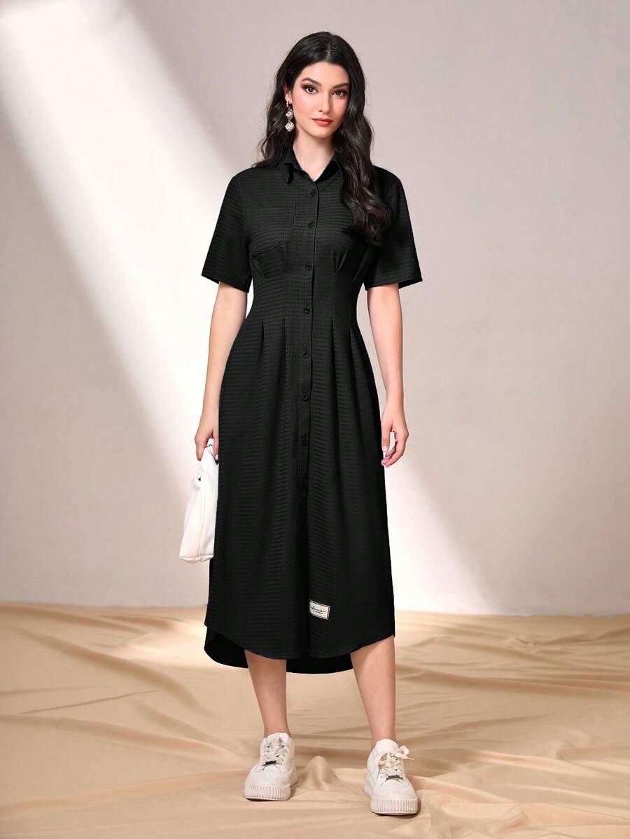 Mulvari 字母補丁細節前紐扣襯衫連衣裙 - 黑色 - 查看 1