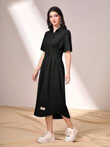 Mulvari 字母補丁細節前紐扣襯衫連衣裙 - 黑色 - 查看 4