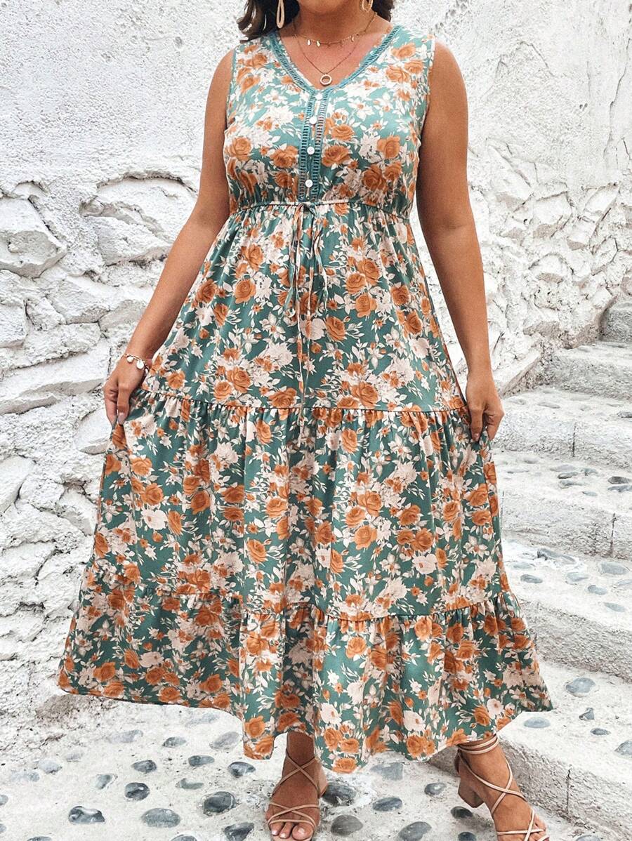 SHEIN VCAY Plus Floral Print Knot Front Ruffle Hem Dress - Multicolor - View 1