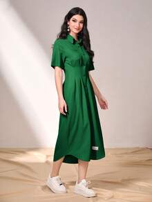 Seusyu 貼布細節褶皺細節襯衫連衣裙 - 綠色 - 查看 3