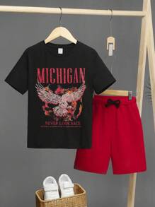 SHEIN Tween Boy Eagle & Slogan Graphic Tee & Drawstring Waist Shorts - Multicolor - View 1