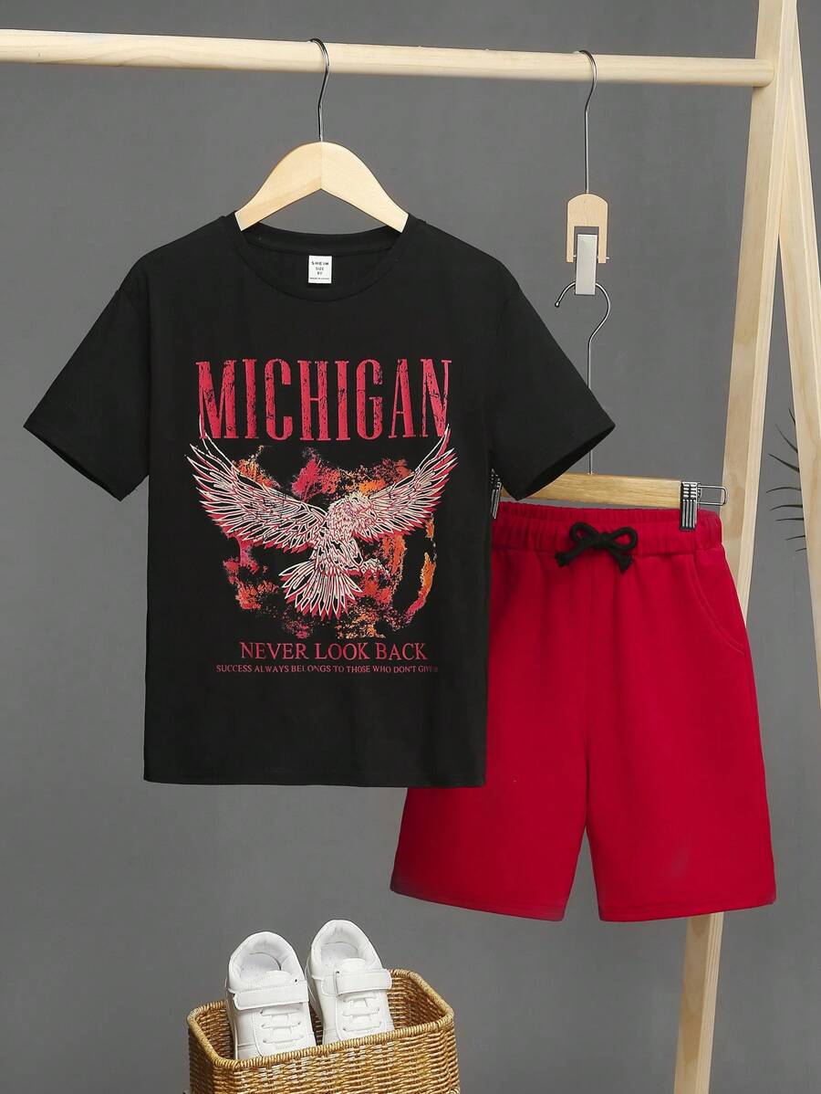 SHEIN Tween Boy Eagle & Slogan Graphic Tee & Drawstring Waist Shorts - Multicolor - View 1